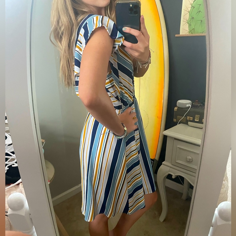 Cute yellow and blue striped dress. Very comfortable. Perfect for spring.